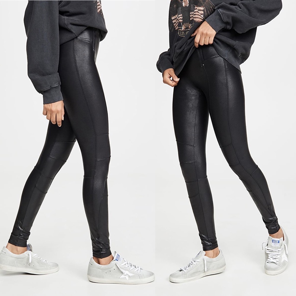 Spanx Faux Leather Moto Hip Zip Black Leggings Medium High Waist Sexy - Picture 2 of 5